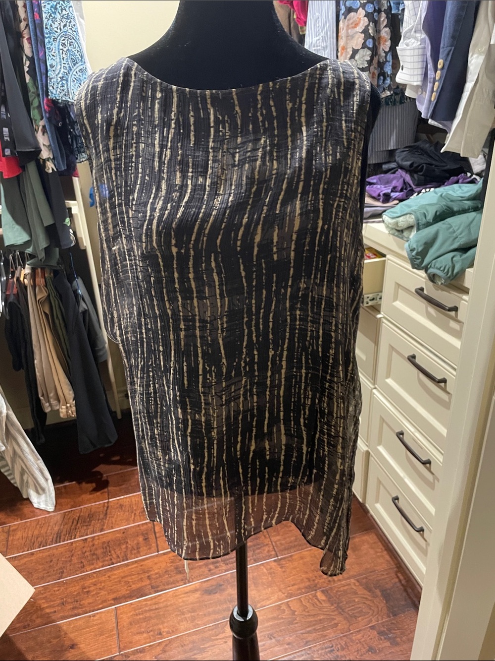 Eileen Fisher Black and Beige Sheer Striped Overlay flowy tunic with Cami under